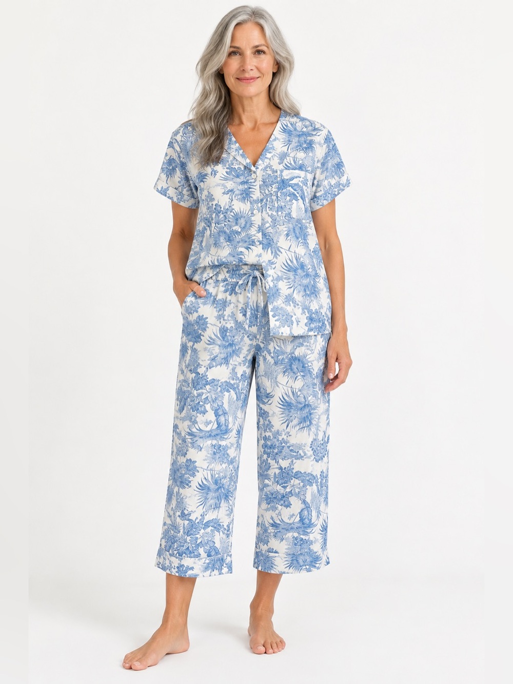 J.Jill Sleep Lightweight Cotton Blue White Tropical Toile Pajama Set Size Small
